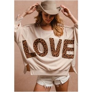 Bibi Leopard Print Love Graphic Reverse Stitch Oversized Top